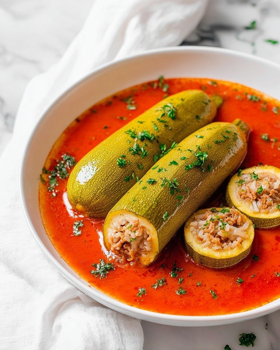 The image shows a white bowl filled with a bright red tomato sauce. Inside the sauce, there are three whole stuffed zucchini placed horizontally, smooth and greenish with a shiny surface. In front of them, there are three round slices of stuffed zucchini showing a filling of rice and meat that has a light brown color. The dish is garnished with small bits of chopped green herbs sprinkled on top. The bowl is placed on a white marbled surface with a white cloth nearby. photo taken with an iphone --ar 4:5 --v 7