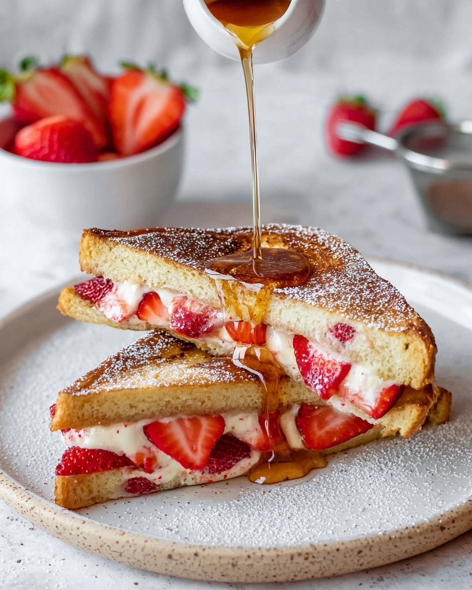 The image shows two triangular slices of golden brown toasted bread layered with a creamy white filling that has small pieces of red strawberries inside. The toast is dusted with powdered sugar and topped with fresh sliced strawberries, their bright red color contrasting with the warm toast. A golden syrup is being poured over the strawberries and toast from above, flowing smoothly down. The toast sits on a white plate with a speckled edge, placed on a white marbled texture surface. In the background, a white bowl holds more sliced strawberries, and another bowl contains a metal sieve. photo taken with an iphone --ar 4:5 --v 7