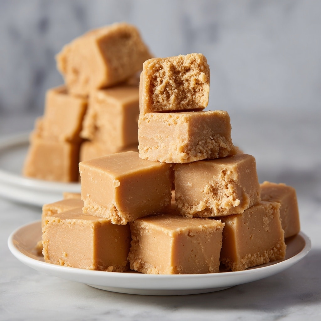 This image shows two plates filled with small, square pieces of peanut butter fudge. The fudge pieces have a smooth texture and are a warm light brown color. On the top plate, there are seven fudge squares arranged loosely in a circle, with one piece balanced on top showing a slightly crumbly edge. The bottom plate displays a neat pyramid stack of about 20 fudge cubes, each with clean edges and a soft, dense look. Both plates are white and sit on a white marbled surface. Photo taken with an iphone --ar 4:5 --v 7