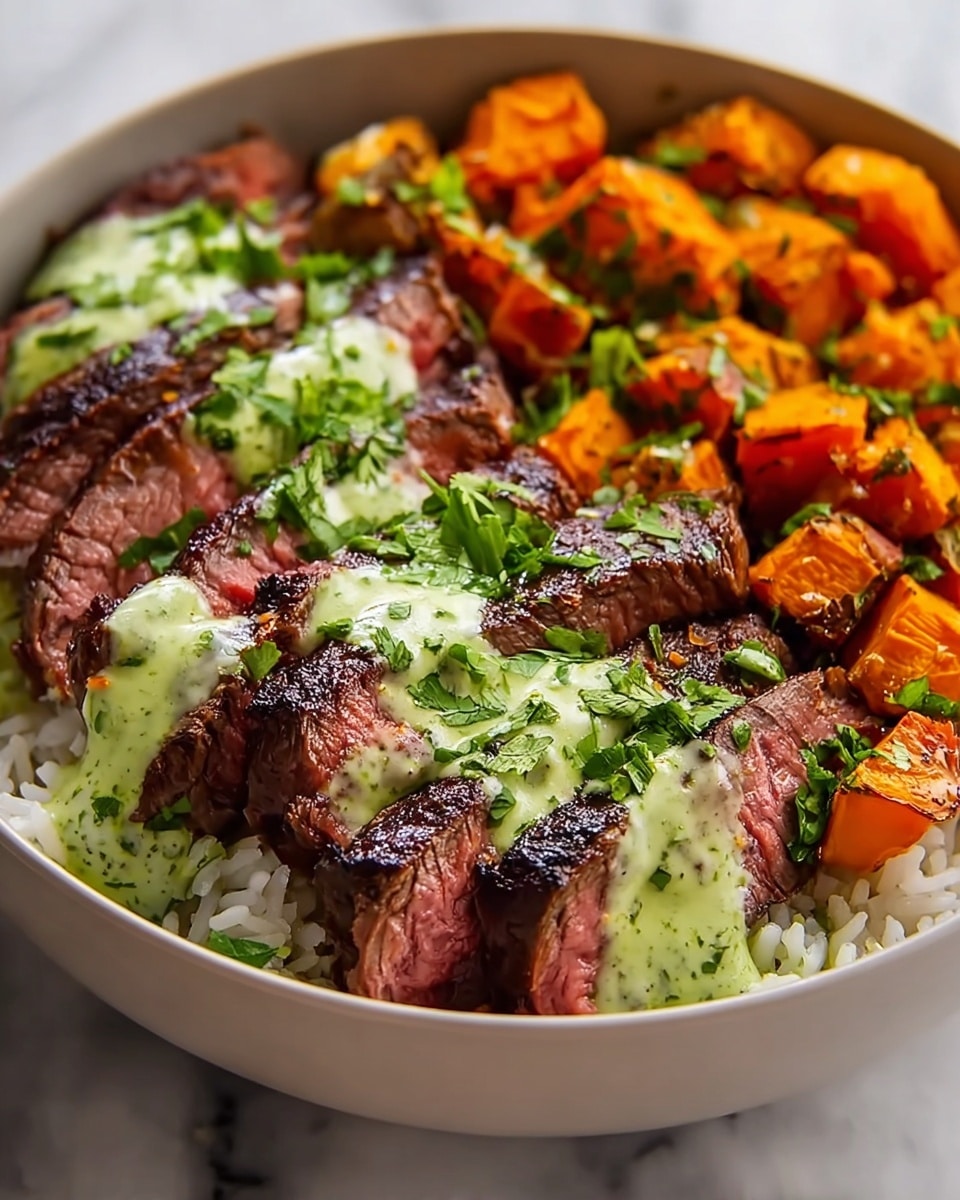 A white bowl filled with four main layers: the bottom layer is white rice with a soft texture and slight herbs mixed in, layered on top on the left side with medium-rare grilled steak slices that are dark brown outside and pink inside; next to the steak are bright orange roasted sweet potato chunks with a slightly crispy texture. On the right side, there is sliced avocado in a smooth bright green color, all topped with a creamy green sauce drizzled over the steak, sweet potatoes, and avocado, garnished with fresh chopped green herbs. The bowl sits on a white marbled surface. Photo taken with an iphone --ar 4:5 --v 7