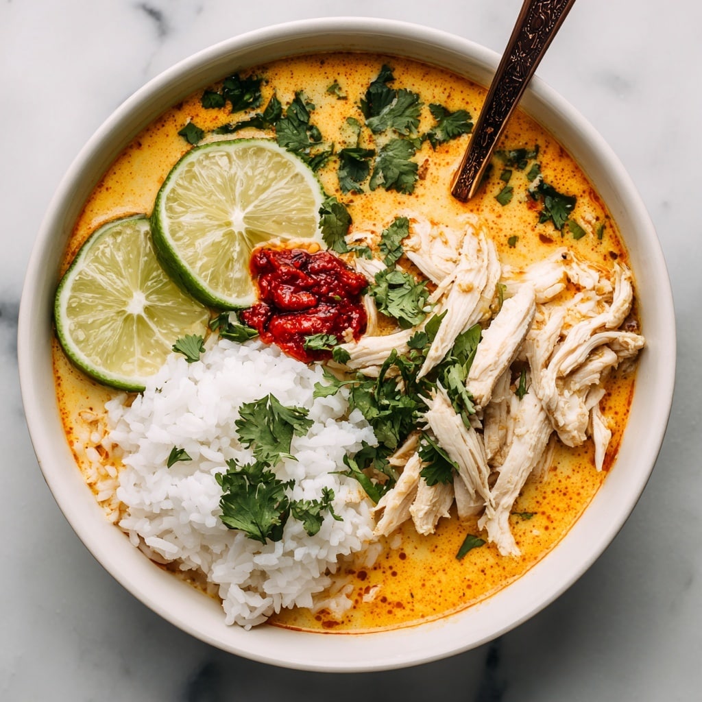 A white bowl holds a creamy orange soup filled with sliced white chicken breast pieces, some topped with red chili paste, and sprinkled with fresh green cilantro leaves. On one side, there is a mound of fluffy white rice, garnished with a few cilantro leaves. A wooden spoon scoops a juicy piece of chicken from the soup, and two lime wedges sit behind the rice, adding a pop of bright green. The bowl is placed on a white marbled surface with some scattered cilantro leaves around. photo taken with an iphone --ar 4:5 --v 7