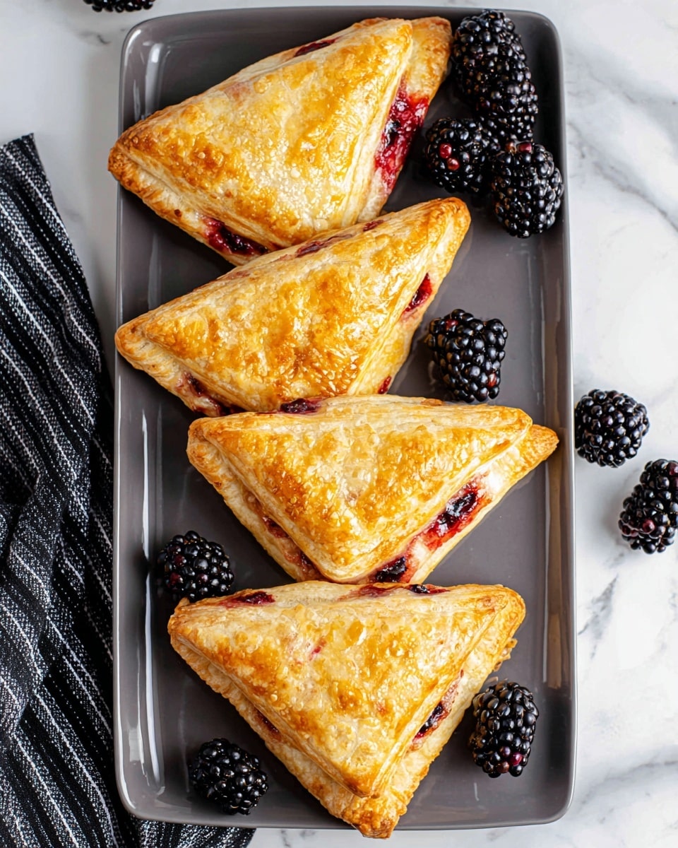 The image shows a close-up of four golden-brown, triangular pastries arranged in a row on a white plate with a smooth surface. Each pastry has a slightly glossy, flaky texture with visible layers and small slits on top revealing a deep red berry filling inside. The pastries are lined up from the front to the back, with two fresh blackberries placed in front of the nearest pastry on the plate. In the background, there is a second white plate stacked with more pastries and a clear glass bowl filled with fresh blackberries. The plates and bowl are set on a white marbled texture surface, creating a clean and bright setting. photo taken with an iphone --ar 4:5 --v 7