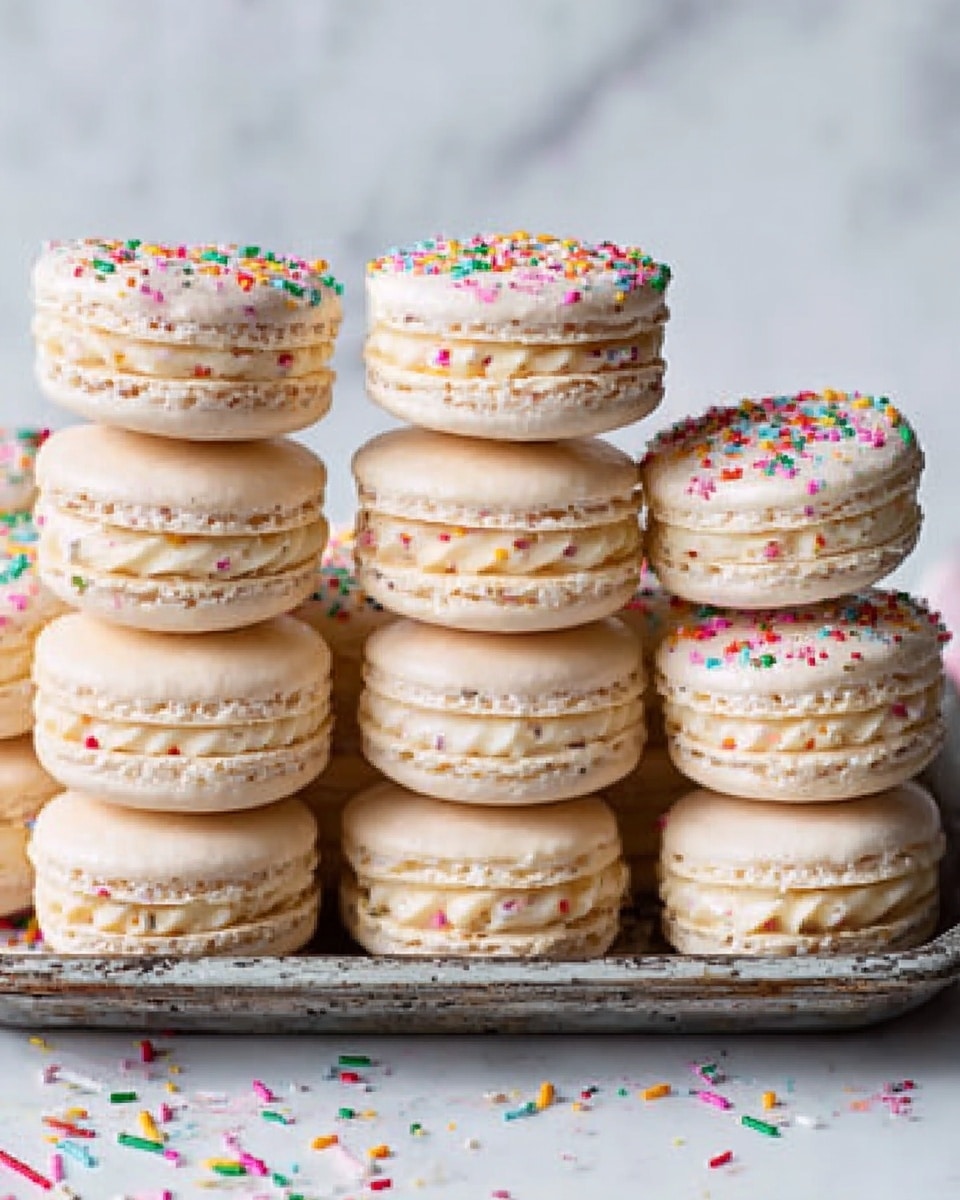 The image shows a metal tray filled with five rows of light beige macarons stacked neatly in columns from left to right, with the tallest stack on the far right side. The macarons are round, with a smooth shiny top and a creamy filling visible between the two cookie shells. Some macarons are decorated with small colorful sprinkles on top, adding bright pink, yellow, green, and blue dots. The background has a white marbled texture with scattered rainbow sprinkles, creating a playful and festive look. Photo taken with an iphone --ar 4:5 --v 7