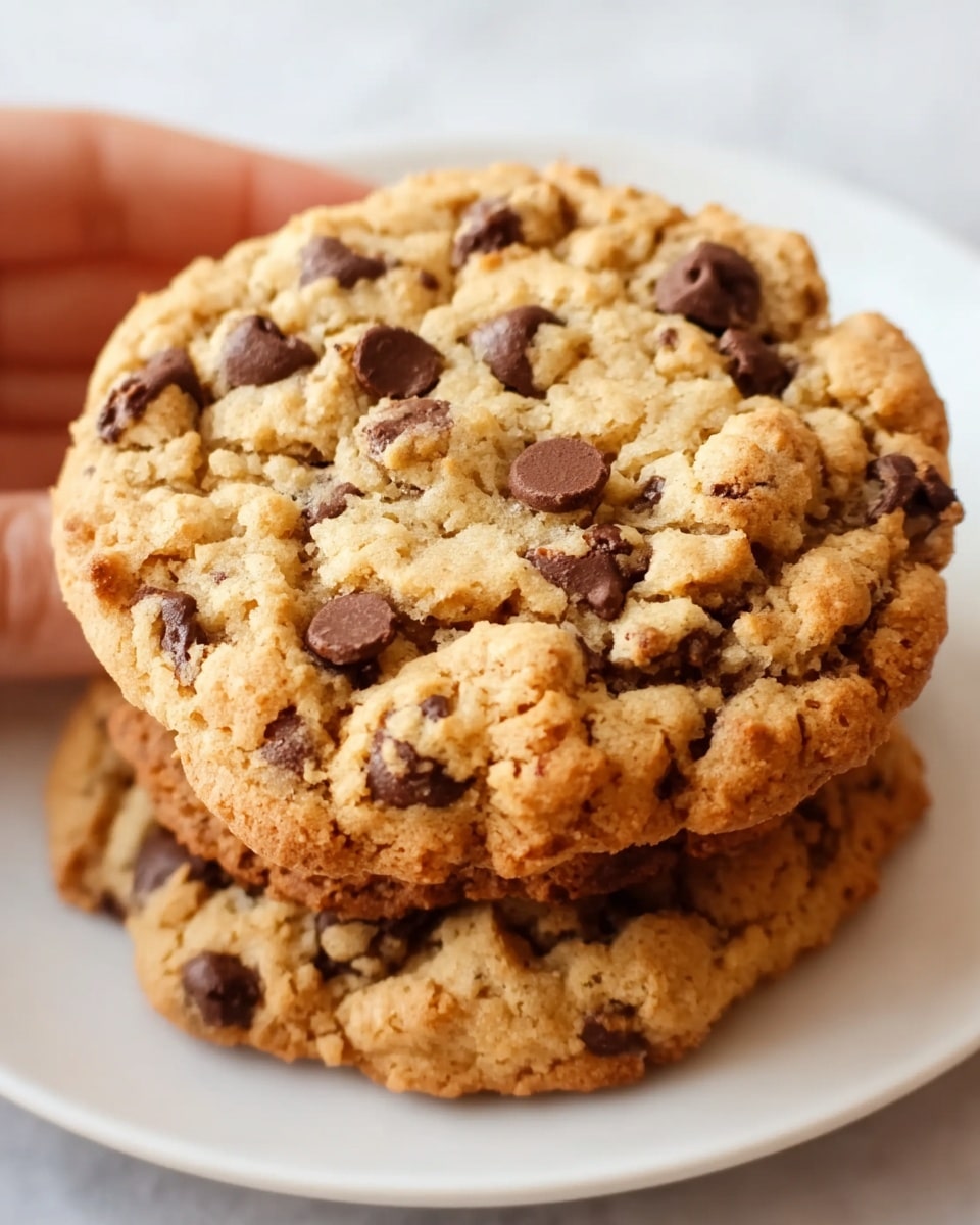 A close-up view of three thick chocolate chip cookies stacked slightly unevenly on a white plate, each cookie showing a golden-brown baked surface with rough texture and many melted dark brown chocolate chips spread throughout. A woman's hand is holding the edge of the bottom cookie on the left side, with the cookies appearing soft and crumbly around the edges against a white marbled background. Photo taken with an iphone --ar 4:5 --v 7