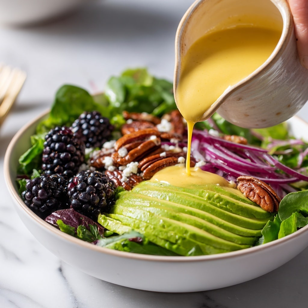 A fresh salad in a white bowl filled with several layers starting with a base of dark green leafy spinach and arugula mixed with some purple-veined leaves. On top, there are thin, curved slices of pale green avocado, scattered blackberries with a shiny, bumpy texture, and thin, curled rings of bright pink pickled onions. Small chunks of white crumbled cheese and crunchy brown pecan pieces are sprinkled over the salad, all lightly dusted with black pepper. The bowl is set against a white marbled surface, showing a close-up view of the colorful, fresh ingredients. photo taken with an iphone --ar 4:5 --v 7