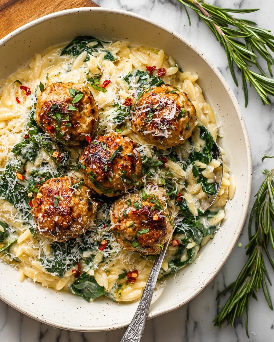 The dish shows four golden-brown meatballs with a slightly crispy texture topped with small bits of white grated cheese and herbs, resting in a creamy white sauce mixed with orzo pasta, speckled with green spinach leaves and small red chili flakes. Around the meatballs, there are fresh green herb leaves, including a large sage leaf on top. The food is served in a dark cast iron pan against a white marbled background. The rich creamy sauce has a smooth and glossy appearance with herbs mixed throughout. photo taken with an iphone --ar 4:5 --v 7