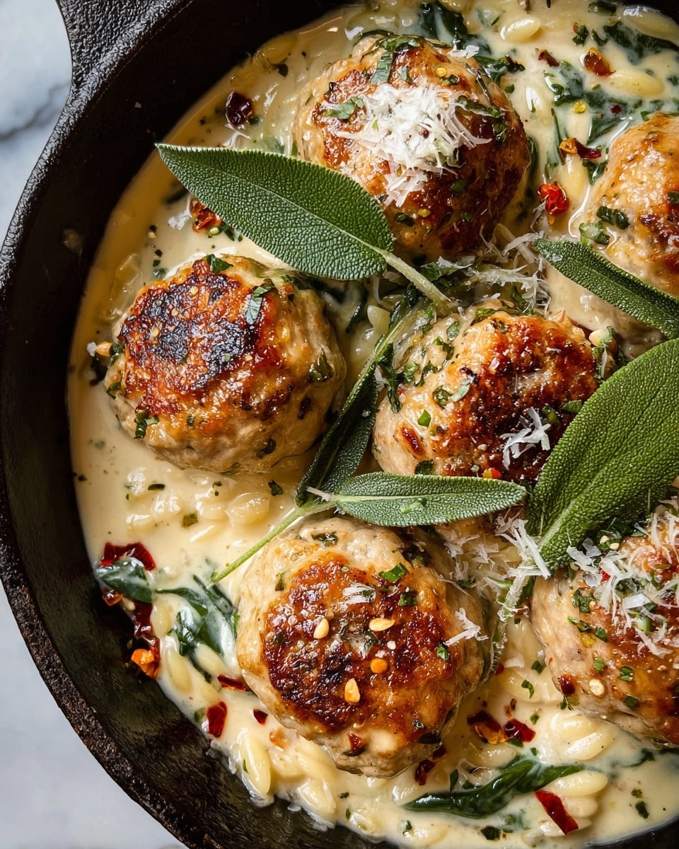 A white shallow bowl filled with creamy orzo pasta mixed with wilted green spinach that creates a soft, smooth base layer. On top, five golden-brown meatballs are arranged, each coated with herbs and sprinkled with grated white cheese. The meatballs have a slightly crisp texture with visible charred spots. Fresh green herb leaves and small red chili flakes are scattered across the dish, adding color and texture. A silver spoon lies partially in the orzo on one side. The bowl rests on a white marbled surface, and fresh rosemary sprigs lie next to it. photo taken with an iphone --ar 4:5 --v 7