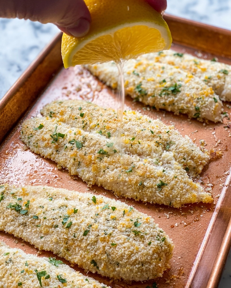 A close-up of four breaded fish fillets lying flat on a copper baking pan, each coated in a light crumb mixture with green herb flecks and yellow hints of seasoning, showing a slightly rough texture. A woman's hand is squeezing fresh lemon juice from a yellow lemon half above one of the fillets, with droplets visibly falling onto the coating, creating a shiny wet look on parts of the crumbs. The fish fillets are arranged diagonally, with some small oil or moisture spots on the pan’s surface. The background is a white marbled texture. photo taken with an iphone --ar 4:5 --v 7