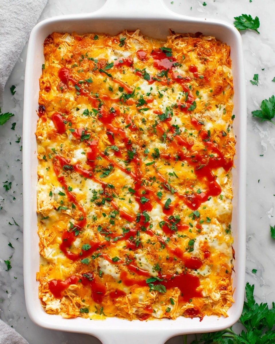 A white rectangular baking dish filled with a layered casserole that has a thick top layer of melted, golden-yellow and white cheese mixed with shredded chicken. This top layer is dotted with small patches of bright red sauce and sprinkled green chopped herbs evenly spread on the surface. The casserole texture looks creamy and soft with some areas where the cheese has browned slightly. The dish sits on a white marbled surface with a few scattered green herb leaves around it. photo taken with an iphone --ar 4:5 --v 7