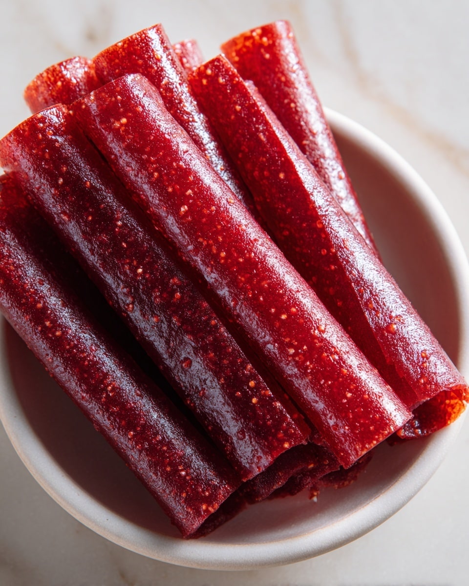 The image shows a white bowl filled with bright red fruit leather rolls, each around three to four inches long. The rolls have a shiny, slightly sticky surface with tiny seeds and a textured, slightly translucent look. They are stacked unevenly, some laying flat while others rest on top, creating a layered effect. The bowl sits on a white marbled surface, and a woman's hand is partially visible at the edge, gently holding the bowl. The colors are rich and vibrant, emphasizing the fresh, fruity appearance of the rolls. photo taken with an iphone --ar 4:5 --v 7