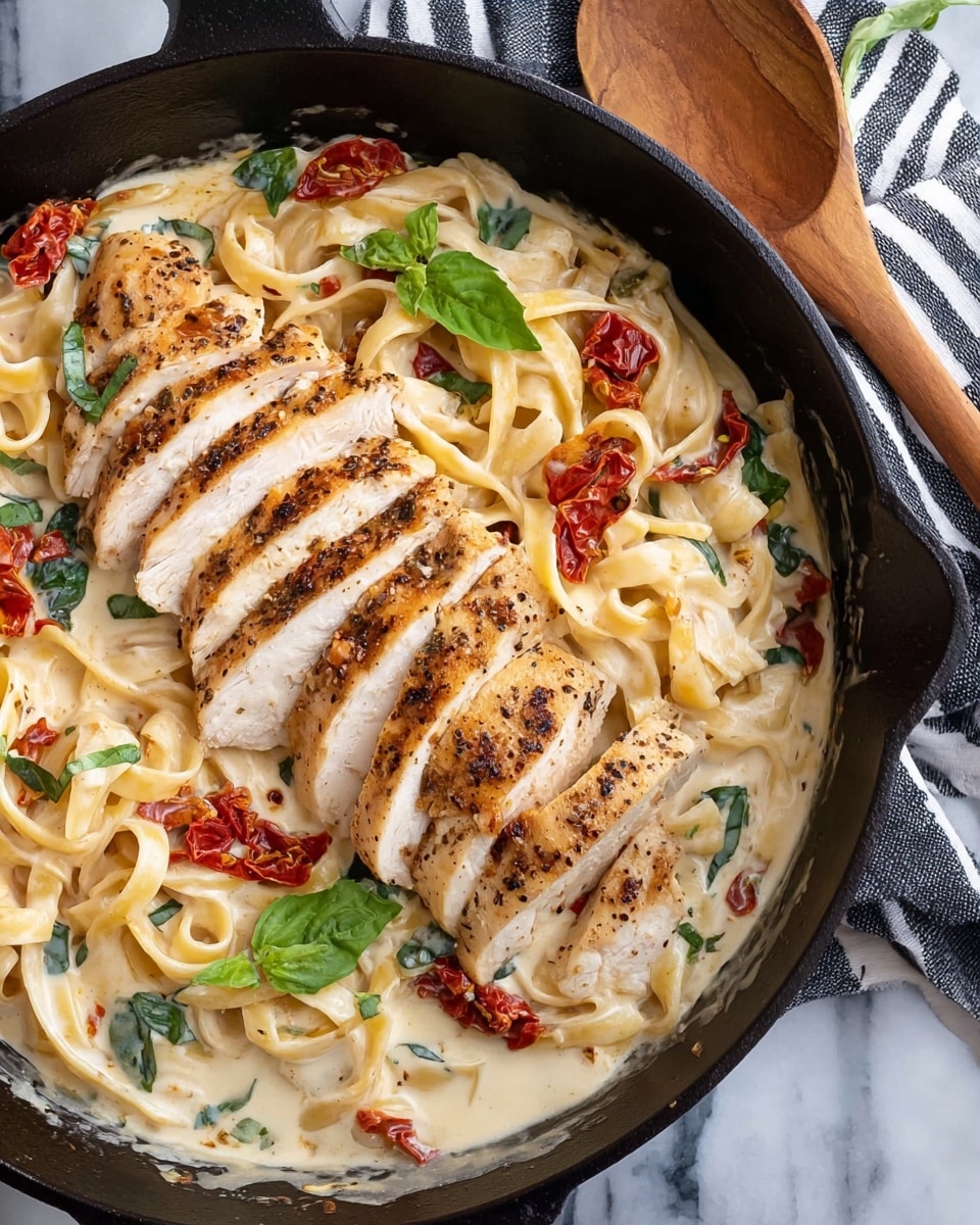 A white plate holds a bed of creamy fettuccine pasta, mixed with green spinach and small red tomato bits, creating a soft light yellow and green texture with red accents. On top, there are three thick slices of grilled chicken breast, showing grill marks and a slightly browned texture. The chicken is garnished with thin white shavings of cheese and some small green herb leaves, and a small sprig of fresh green basil rests on the side of the plate. The background is a white marbled surface, with a wooden cutting board and pieces of cheese blurred in the back, and a glass of dark drink slightly visible. Photo taken with an iphone --ar 4:5 --v 7