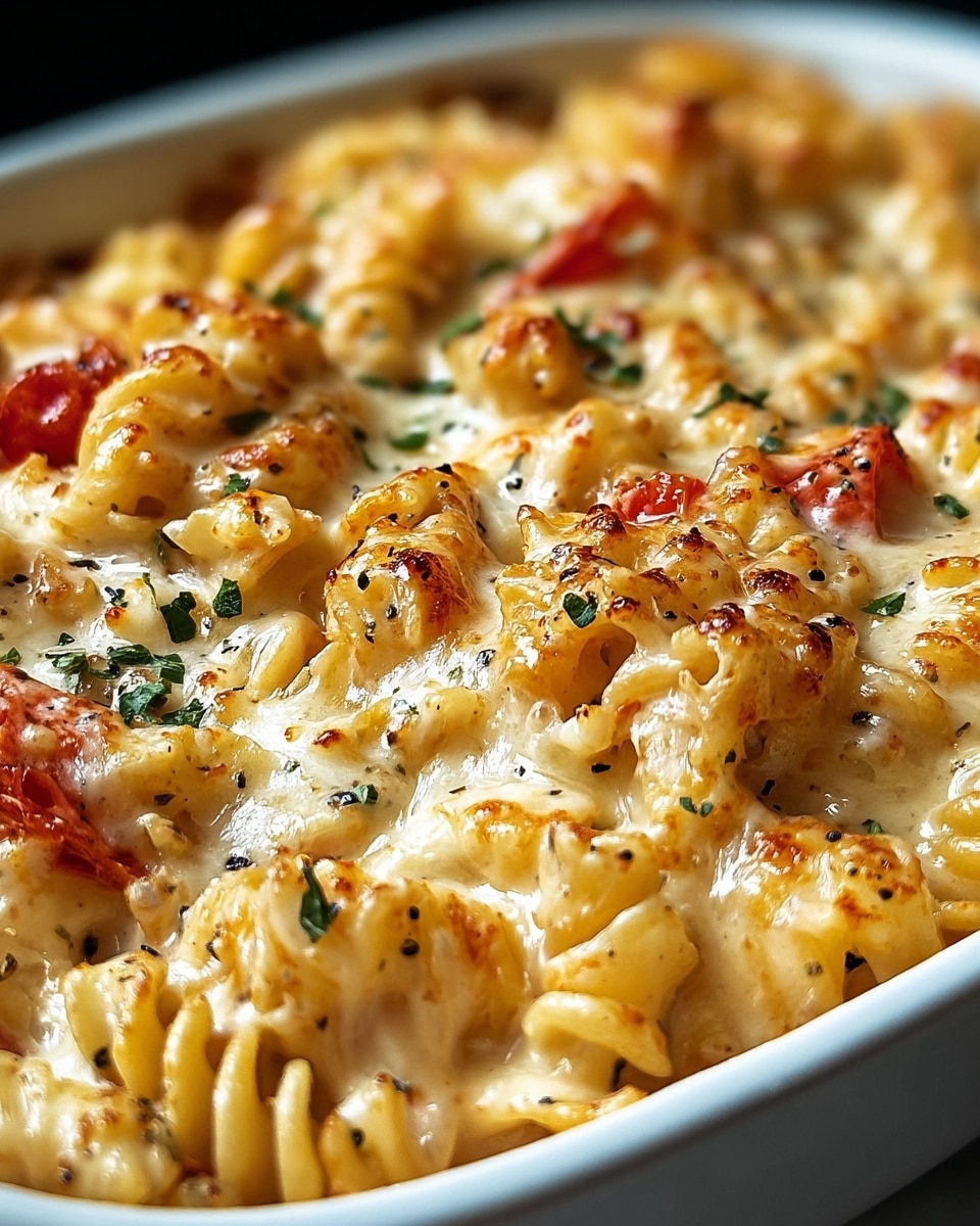 A close-up view of baked pasta in a white dish on a white marbled surface, showing one layer of wavy, lightly browned pasta pieces coated with creamy cheese sauce. Small bits of red tomato and green herbs are scattered on top among the pasta. The cheese is slightly golden and bubbly with a smooth, melted texture, and some black pepper specks are visible. photo taken with an iphone --ar 4:5 --v 7