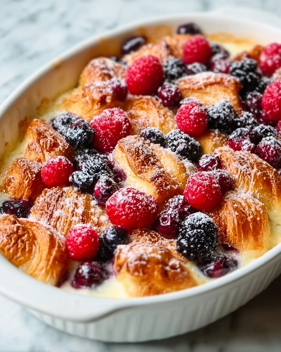A white round dish filled with a baked golden brown bread pudding showing puffed and crispy textured bread pieces layered unevenly. Scattered across the top are fresh red raspberries, black blackberries, and dark blue blueberries, adding bright pops of color. The berries have a light dusting of powdered sugar that adds a soft white contrast on the fruit and warm bread. The dish is placed on a white marbled surface with soft natural light highlighting the warm and fresh look of the dessert. photo taken with an iphone --ar 4:5 --v 7