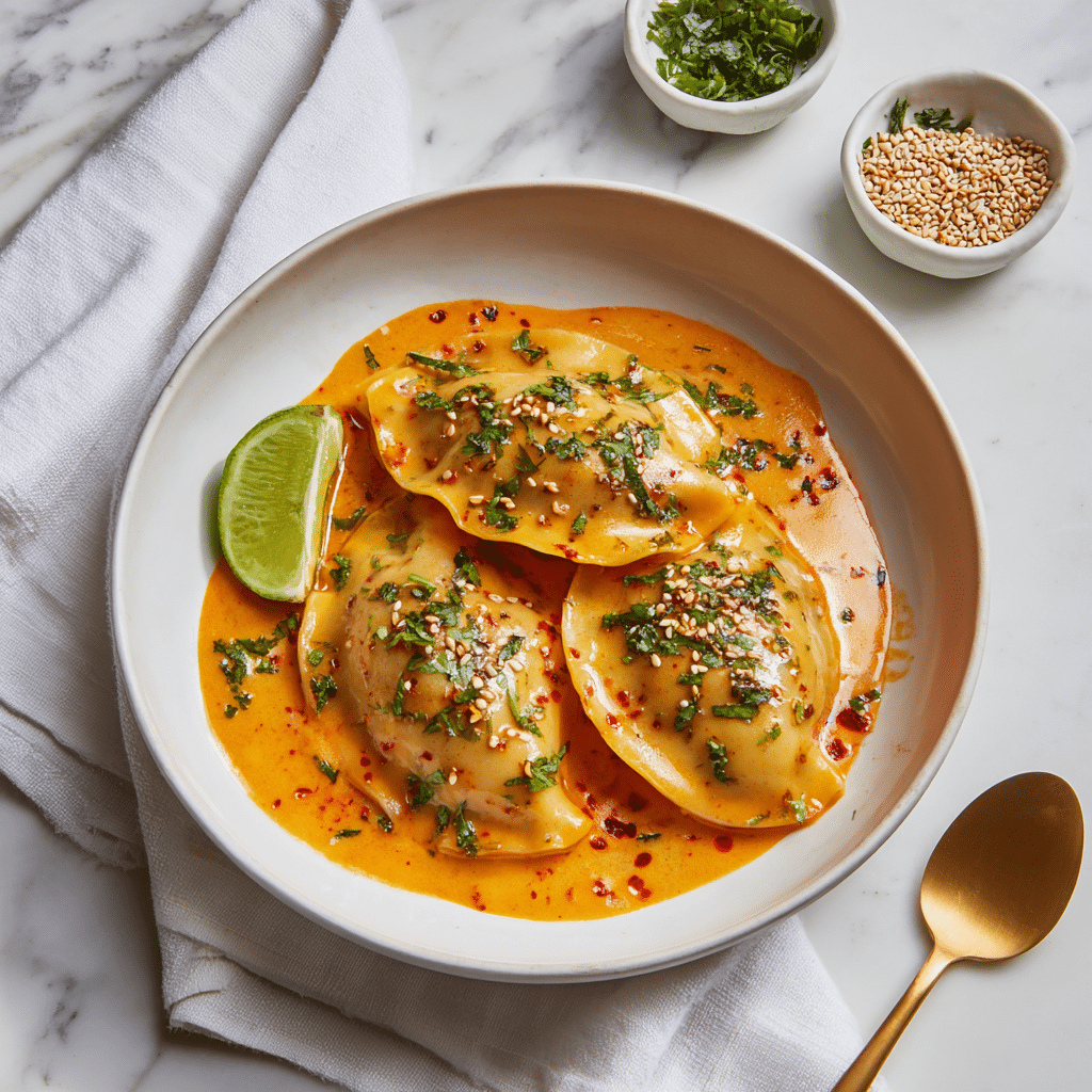 Three pieces of stuffed pasta, covered in a thick orange sauce with green herbs sprinkled on top, are placed on a shallow white plate. A wedge of lime sits on the left side of the plate, partially resting in the sauce. The sauce has a creamy texture with visible herb leaves and small red spots of chili oil. The plate is set on a white marbled surface with a white cloth partially visible in the background. Nearby are small white dishes with sesame seeds and green herbs, and a gold spoon lies on the surface close to the plate. Photo taken with an iphone --ar 4:5 --v 7