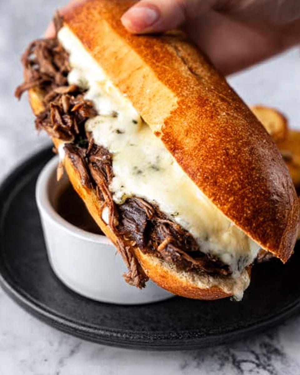 The image shows several French dip sandwiches on crusty brown baguettes, cut in halves. Each sandwich has a layer of melted pale yellow cheese right inside the bread, topped with a generous amount of shredded, tender brown roast beef, filling the sandwiches fully. Around the sandwiches, there are pieces of mixed pickled vegetables in orange, white, and green colors, scattered on a white marbled textured surface. Next to the sandwiches, there is a clear glass bowl filled with a light brown broth with small oil bubbles on top, likely the dipping sauce. The photo taken with an iphone --ar 4:5 --v 7