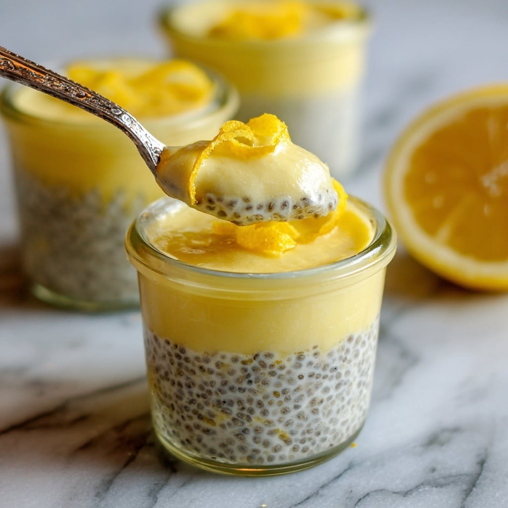 The image shows a lemon chia seed pudding served in small clear glass jars, each containing two layers: the bottom layer is pale yellow with black chia seeds suspended throughout, giving it a speckled, gelatinous texture, while the top layer is a smooth, creamy light yellow lemon pudding. One jar is garnished with a twisted lemon peel on the rim. The jars sit on a white marbled surface with a slice of lemon in the background. In the close-up, a silver spoon scoops the pudding, showing the distinct layers and the creamy, thick texture of the top lemon pudding layer blending slightly into the chia seed layer below. photo taken with an iphone --ar 4:5 --v 7