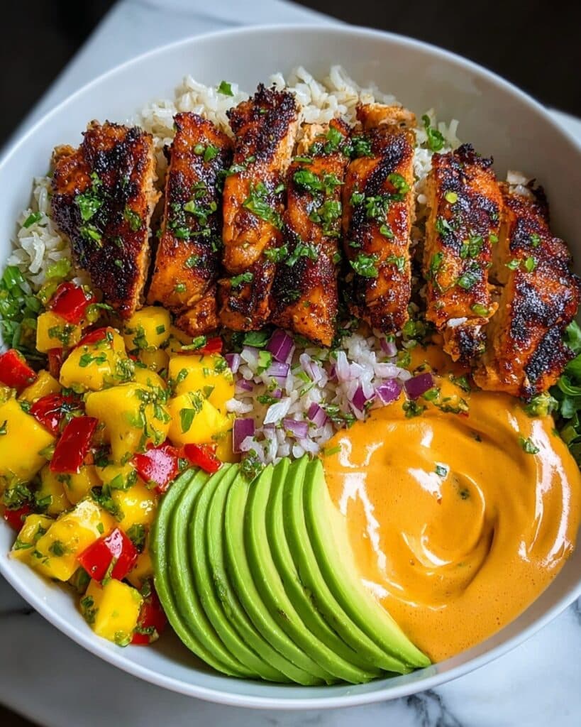 Grilled Maple Sriracha Chicken Bites with Coconut Rice and Mango Avocado Salsa Bowl Recipe