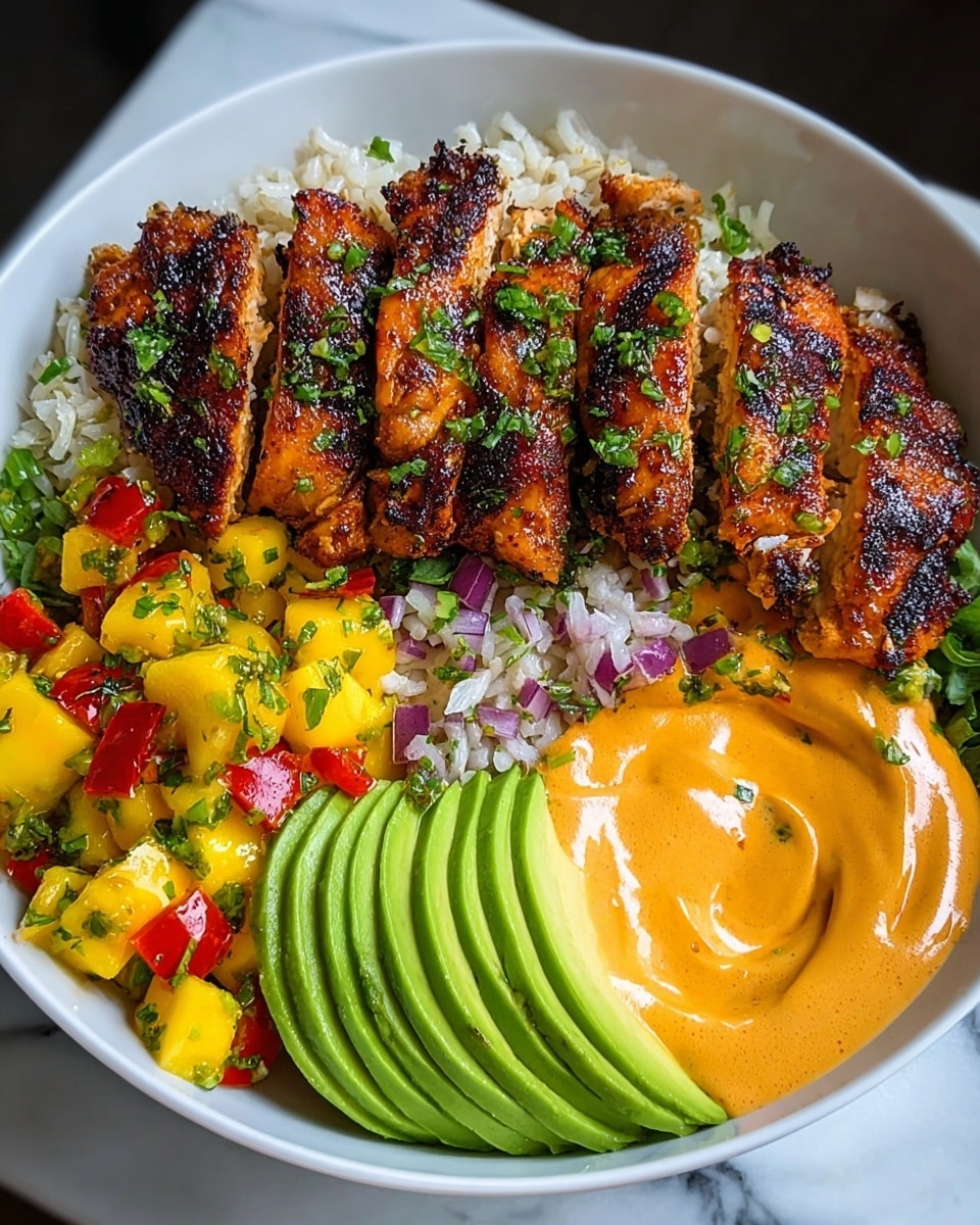 A white bowl holds a colorful layered dish starting with a base of white rice mixed with small bits of green herbs and purple onion. On top, five pieces of grilled chicken, dark brown with char marks and green herb sprinkles, are arranged in a row. To the right, perfectly sliced, bright green avocado fanned out neatly. On the left, a chunky mix of yellow mango cubes, red bell pepper pieces, and green herbs adds bright color. In the middle, a swirl of creamy orange sauce creates a smooth texture contrast. The dish is set on a white marbled surface. photo taken with an iphone --ar 4:5 --v 7