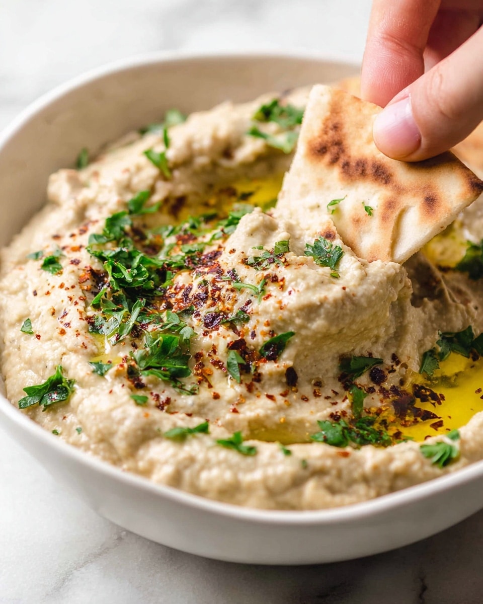 A bowl of light beige, creamy dip with a rough, slightly chunky texture is shown close up. The dip forms one thick layer filling the white bowl evenly. On top, a swirl reveals a pool of bright golden olive oil, sprinkled with fine dark red spice and small pieces of fresh green herbs scattered across the surface. The bowl sits on a white marbled surface, and a small green herb leaf peeks from the side. The overall look is fresh and inviting, with a smooth yet rustic finish. photo taken with an iphone --ar 4:5 --v 7