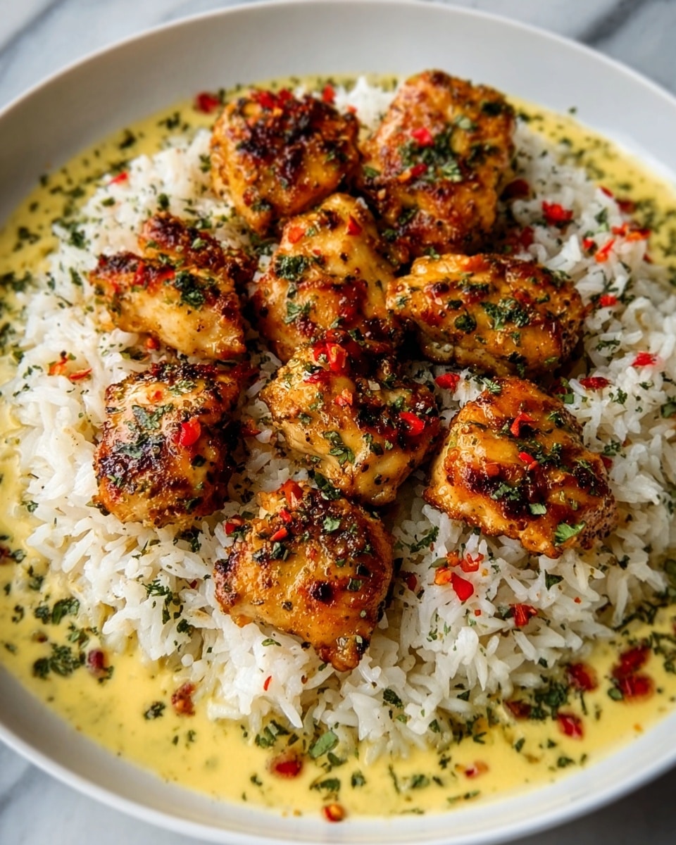 A white plate filled with a base layer of fluffy white rice, topped with several pieces of golden-brown grilled chicken, seasoned with herbs and small bits of red pepper. The chicken pieces show a slightly crispy texture with some char marks. Around the rice and chicken, there is a light yellow sauce with green herbs sprinkled all over, adding color contrast. The background is a white marbled surface. Photo taken with an iphone --ar 4:5 --v 7