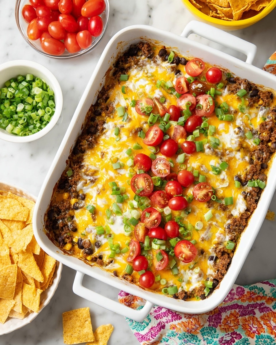 A white rectangular dish filled with a layered dip, showing about three layers: a base of brown cooked ground meat mixed with black beans and corn, a thick middle layer of melted white and yellow cheese spread evenly on top, and a topping of bright red halved cherry tomatoes with scattered green chopped scallions, all sitting on a white marbled surface. Surrounding the dish are small white bowls with sliced cherry tomatoes and chopped scallions, and a white bowl filled with curled, golden crunchy chips on a colorful fabric napkin. photo taken with an iphone --ar 4:5 --v 7