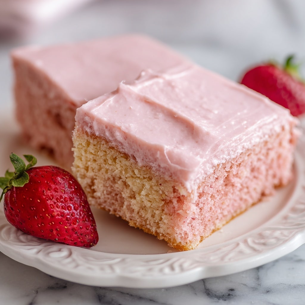 A close-up image shows a pink strawberry cake bar with two layers: a moist pink cake base and a smooth, light pink frosting layer on top. The bar is cut in half, resting on a white plate with a carved edge, and a fresh strawberry is partially visible in the corner. The cake’s texture looks soft and crumbly, with the frosting appearing creamy and slightly glossy. The background features a white marbled surface. Photo taken with an iphone --ar 4:5 --v 7