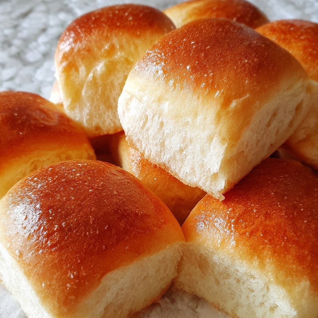 The image shows a white bowl full of soft, golden brown bread rolls. Each roll is small and square-shaped with a smooth, slightly shiny crust. The rolls are stacked closely together, filling the bowl completely. The background has a white marbled texture with a piece of dark gray and white striped cloth partially visible at the top left corner. The bread rolls look freshly baked with a warm, inviting color. photo taken with an iphone --ar 4:5 --v 7