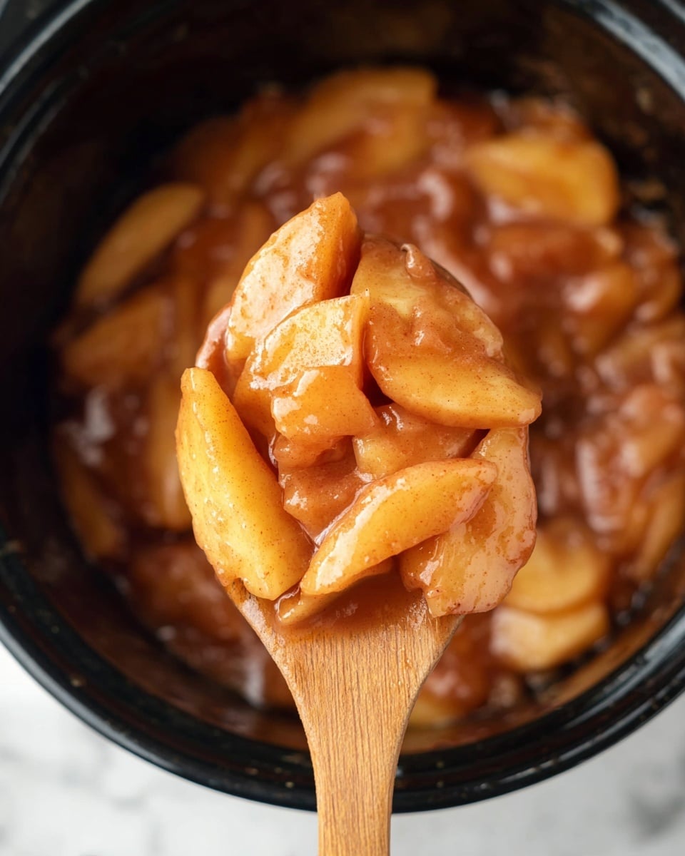 The image shows a close-up of cooked apples in a dark pot, with a wooden spoon lifting a portion. The cooked apples are sliced in medium thickness layers, soft and coated with a shiny caramel-colored sauce that looks smooth and thick. The apples have a mix of light orange and brown shades with some visible cinnamon specks, giving a warm, glazed texture. The wooden spoon, with its natural light brown grain, is centered, holding a cluster of these saucy apple slices against the backdrop of more apple pieces inside the pot. The background is a white marbled texture. photo taken with an iphone --ar 4:5 --v 7