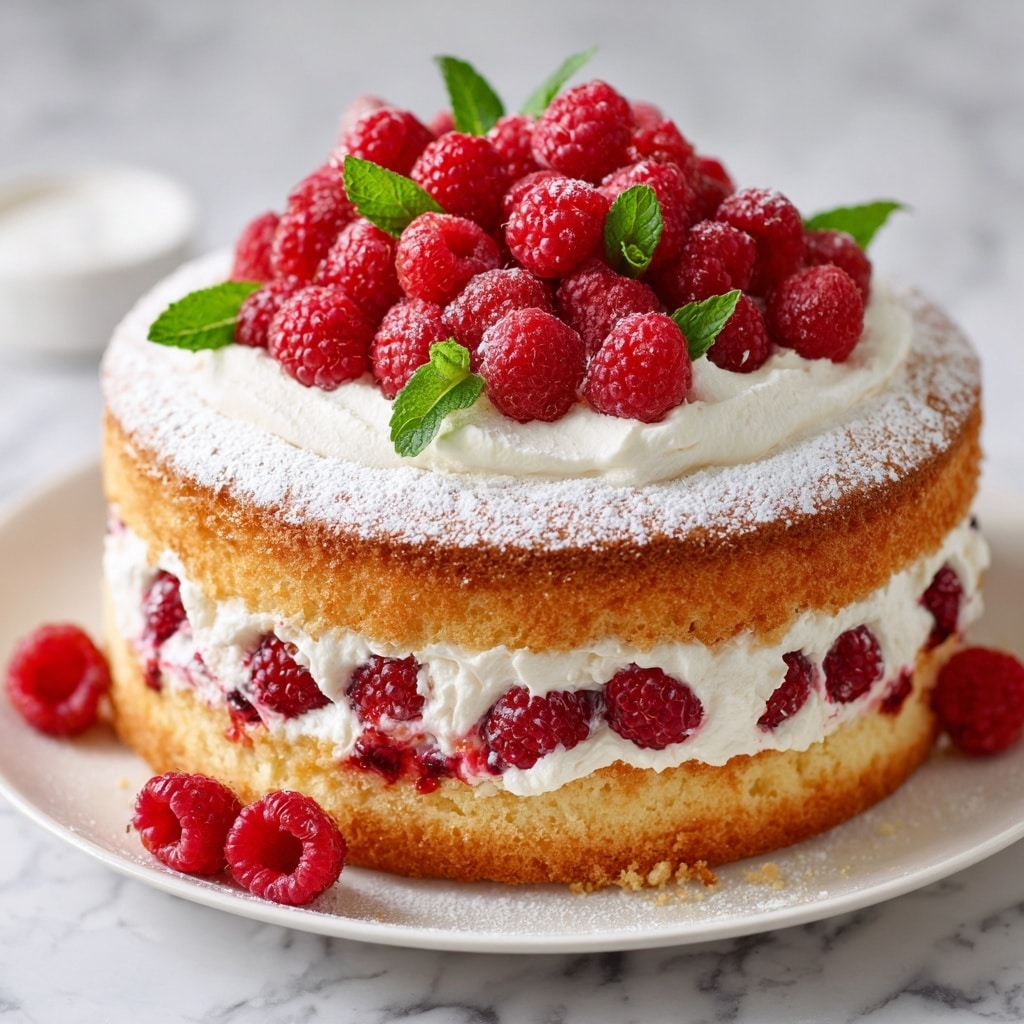 The image shows a round cake with three layers placed on a white plate on a white marbled surface. The bottom and top layers are light golden brown sponge cake with a soft, airy texture. The middle layer is white whipped cream mixed with red raspberry fruit pieces, creating a bright contrast. The top of the cake is covered in fluffy white whipped cream, slightly textured, with a cluster of fresh red raspberries and small green mint leaves as decoration. A few raspberries are also placed at the base of the cake. Photo taken with an iphone --ar 4:5 --v 7