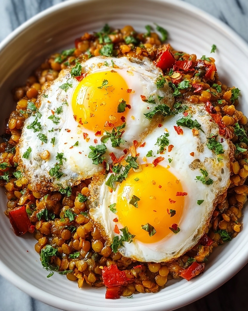 A close-up of a white bowl filled with two cooked lentil layers mixed with red diced vegetables, topped with two sunny-side-up eggs with bright yellow yolks and white crispy edges, all sprinkled with finely chopped green herbs and red chili flakes, placed on a white marbled surface. photo taken with an iphone --ar 4:5 --v 7