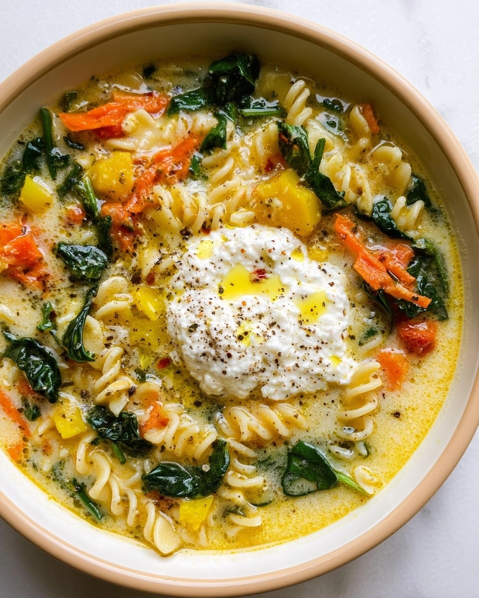 A white bowl filled with a creamy soup containing curly pasta, pieces of green and yellow vegetables, and small shredded orange carrot strips all mixed in a light creamy broth. In the center, there is a rounded dollop of white creamy cheese or ricotta topped with a drizzle of yellow oil and a sprinkle of cracked black pepper. A gold spoon rests inside the bowl on the right side, partially submerged in the soup. The background is a white marbled surface. Photo taken with an iphone --ar 4:5 --v 7