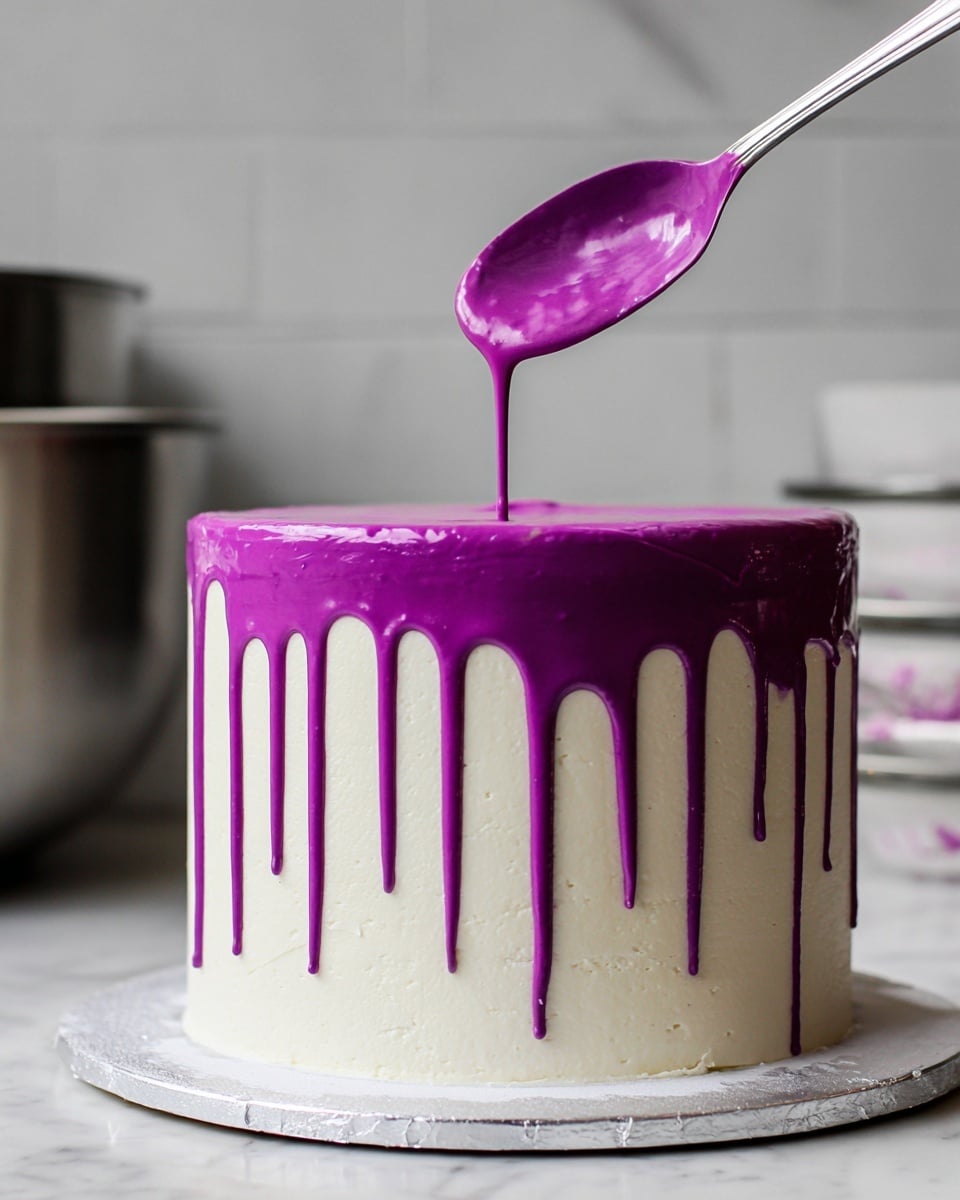 A tall, smooth white frosted cake with a thick layer of vibrant purple glaze being poured from a spoon onto the top, creating dripping lines down the sides that vary in length and thickness. The cake sits on a white cake board placed on a silver cake stand, all against a white marbled kitchen surface in the background. The purple glaze has a shiny, glossy texture that contrasts with the matte white frosting. Photo taken with an iphone --ar 4:5 --v 7