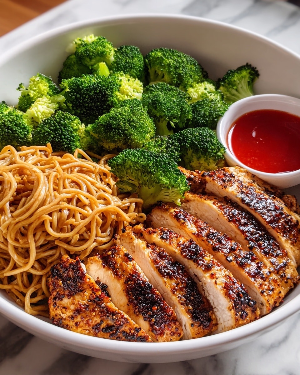 A white bowl filled with three main parts: in the bottom left, a serving of thin, light brown noodles with a slightly shiny texture; above the noodles, bright green steamed broccoli florets with a fresh, crisp look; and to the right side, sliced grilled chicken with a golden brown, slightly charred surface, sprinkled with seasoning. In the top center of the bowl, there is a small white cup filled with bright red sauce. The bowl is placed on a white marbled surface. photo taken with an iphone --ar 4:5 --v 7