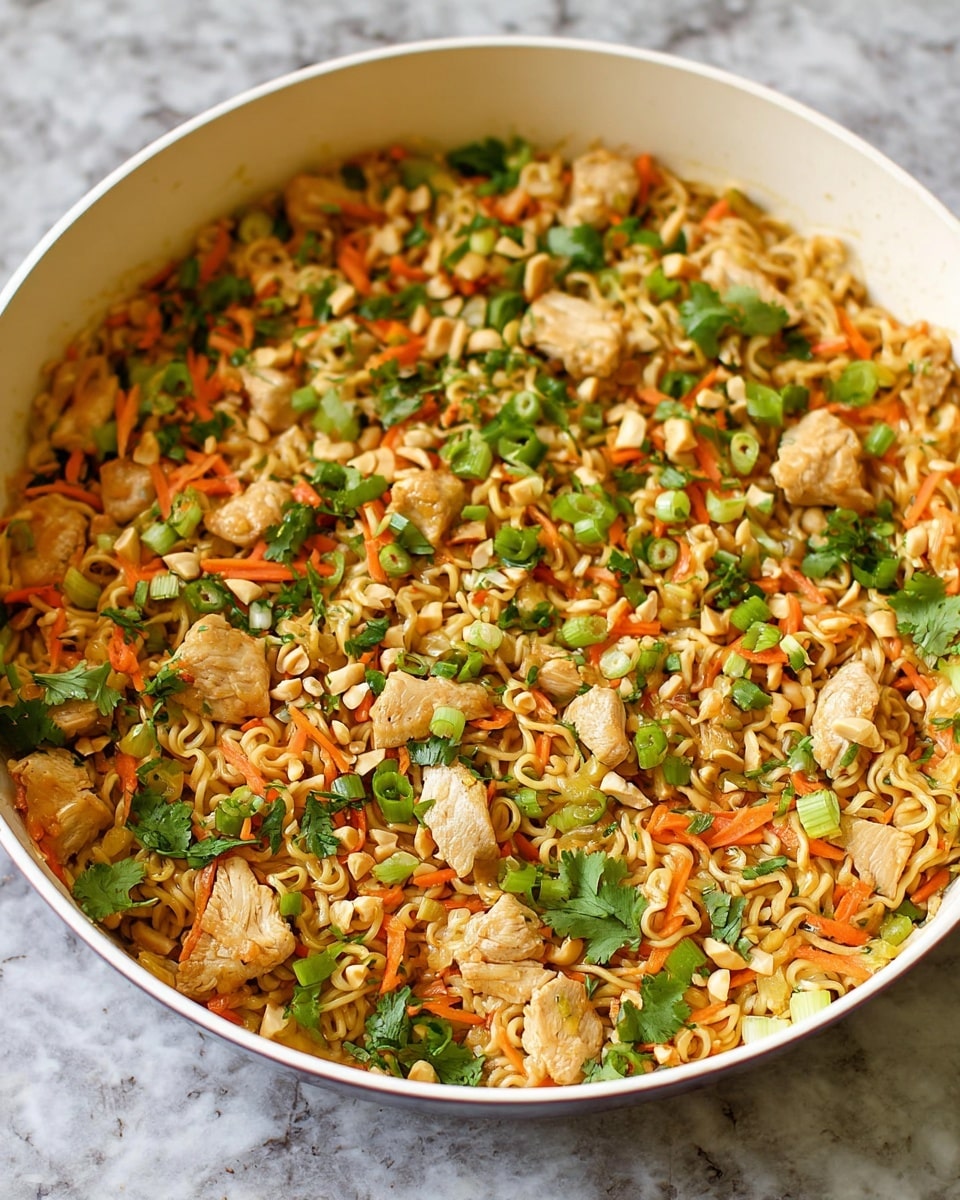 A large white round pan holds a colorful dish of cooked ramen noodles mixed with small chunks of light brown chicken pieces scattered throughout. Bright orange shredded carrots and thin slices of green scallions are mixed evenly with the noodles, adding fresh color contrasts. Light green cilantro leaves are spread on top, along with small pieces of chopped peanuts that add a textured look. The background shows a white marbled surface. photo taken with an iphone --ar 4:5 --v 7