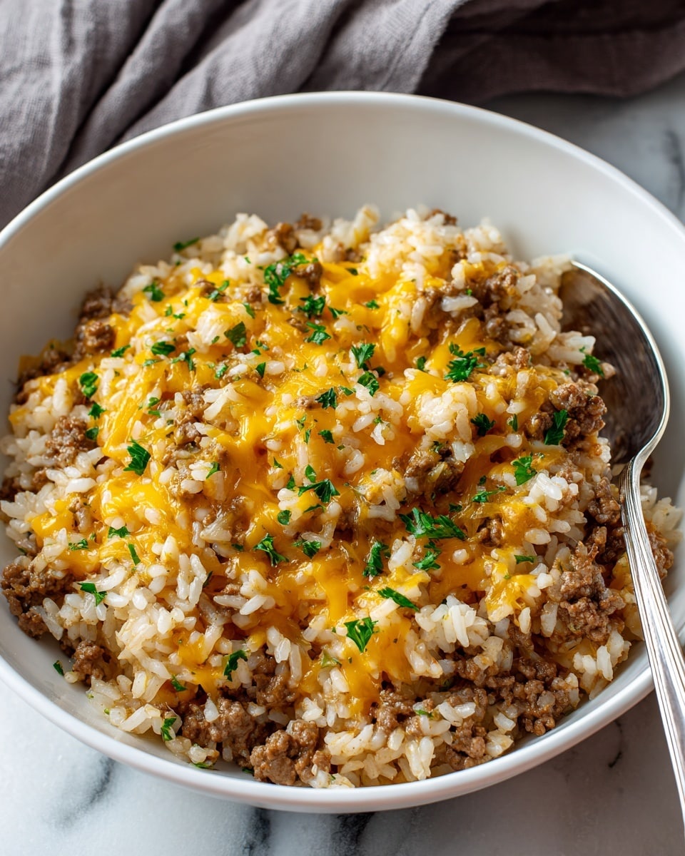 A white bowl filled with a mix of cooked white rice and browned ground meat, topped with melted bright yellow cheese scattered unevenly across the surface. Small green parsley leaves are sprinkled on top, adding color contrast. The rice looks soft and fluffy, while the ground meat has a crumbly texture. A silver spoon is placed inside the bowl on the right side. The bowl is set on a white marbled surface with a blurred gray cloth in the background. photo taken with an iphone --ar 4:5 --v 7