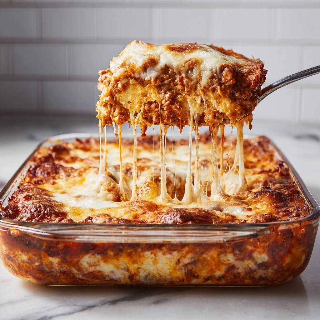 The image shows a baked dish being lifted with a metal spoon from a clear glass rectangular baking dish. The dish has multiple layers: at the top, a golden-brown, bubbly cheese layer with a slightly crispy texture and some white melted cheese oozing and stretching down; beneath it, a thick, creamy, beige layer mixed with reddish-orange sauce and soft textures; the interior looks moist with gooey strings of melted cheese stretching from the piece back into the dish. The baking dish sits on a white marbled surface, and a gray tiled wall is in the background. photo taken with an iphone --ar 4:5 --v 7