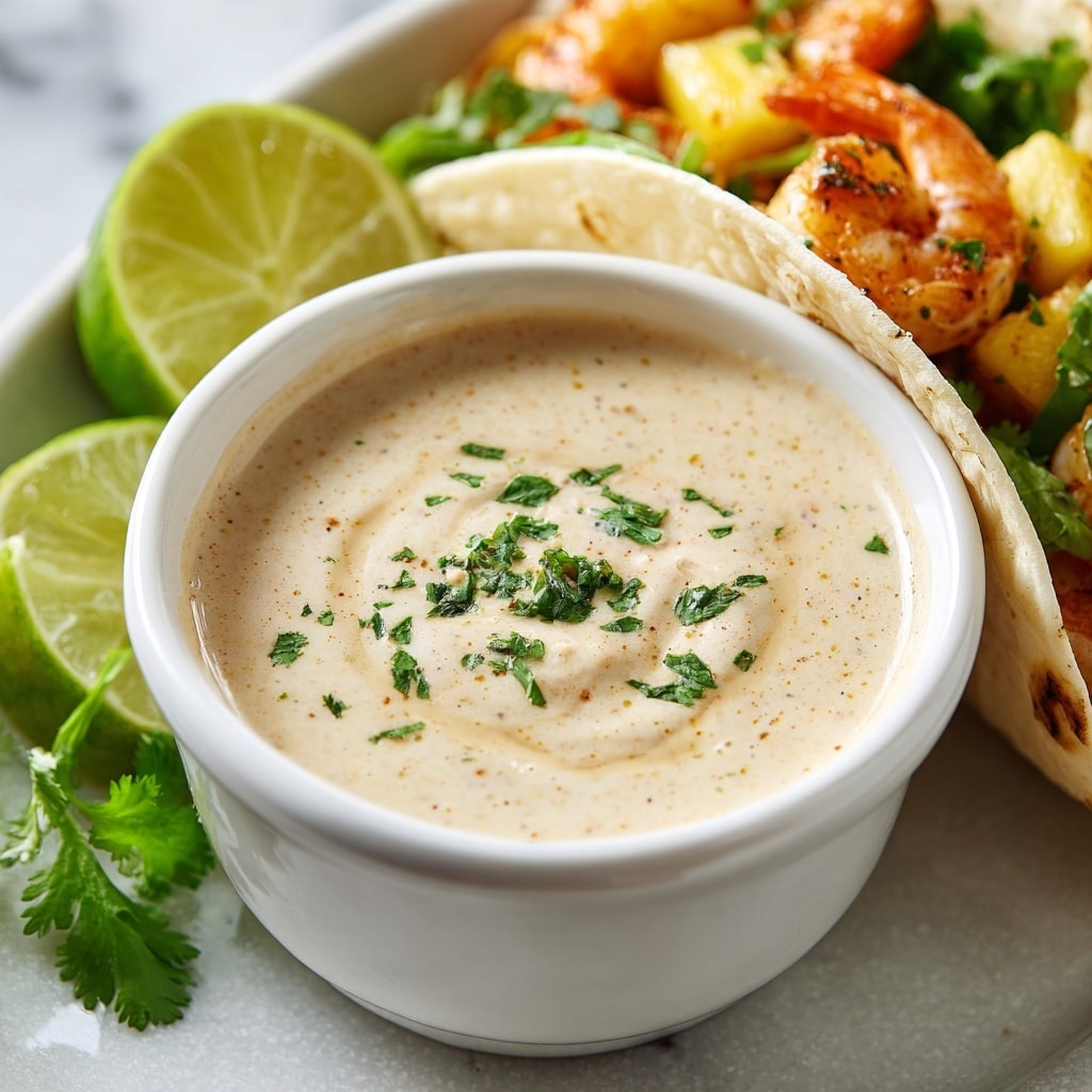 A close-up image shows a small white bowl filled with a creamy, light beige sauce that has specks of seasoning throughout. The surface of the sauce has a smooth texture with a slight swirl, topped with a sprinkle of chopped green herbs. To the left of the bowl are halves of bright green lime and fresh green cilantro leaves. In the background, a white taco shell filled with pieces of light golden pineapple, green leaves, and chunks of cooked shrimp with a light orange color is partially visible. All items rest on a white marbled surface. photo taken with an iphone --ar 4:5 --v 7