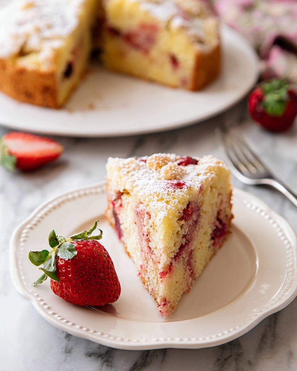 A single slice of strawberry cake sits on a white plate with gentle scalloped edges and small bead details along the rim. The cake has two main layers: a light golden-yellow base speckled with soft pink and red strawberry pieces inside, topped with a crumbly golden crust sprinkled with powdered sugar. There is a fresh, halved strawberry with a green leafy top placed in front of the cake slice, adding a vibrant red and green contrast. In the background, a round white plate holds the rest of the cake showing the same layers and textures, along with another halved strawberry and a silver fork. The whole scene is set on a white marbled surface. photo taken with an iphone --ar 4:5 --v 7