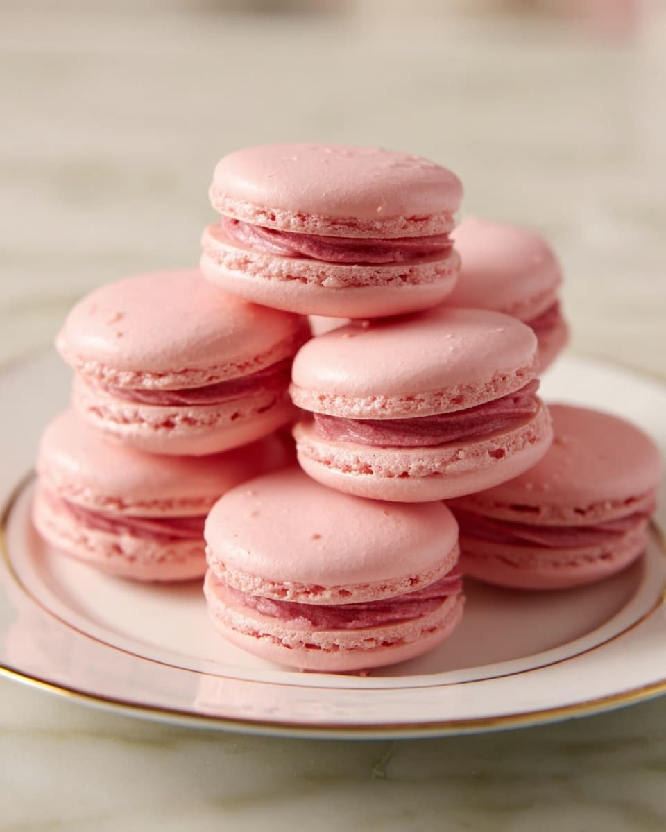 A pile of seven pink macarons stacked neatly on a white plate with a thin gold rim. Each macaron has two smooth, round shells in light pink color with a ruffled edge texture, sandwiching a thick layer of darker pink creamy filling in the middle. The macarons are arranged in a small pyramid shape, showing off the smooth shiny surface on top and the soft texture of the filling inside. The scene is set on a white marbled texture background with soft light creating a gentle shadow under the plate. Photo taken with an iphone --ar 4:5 --v 7
