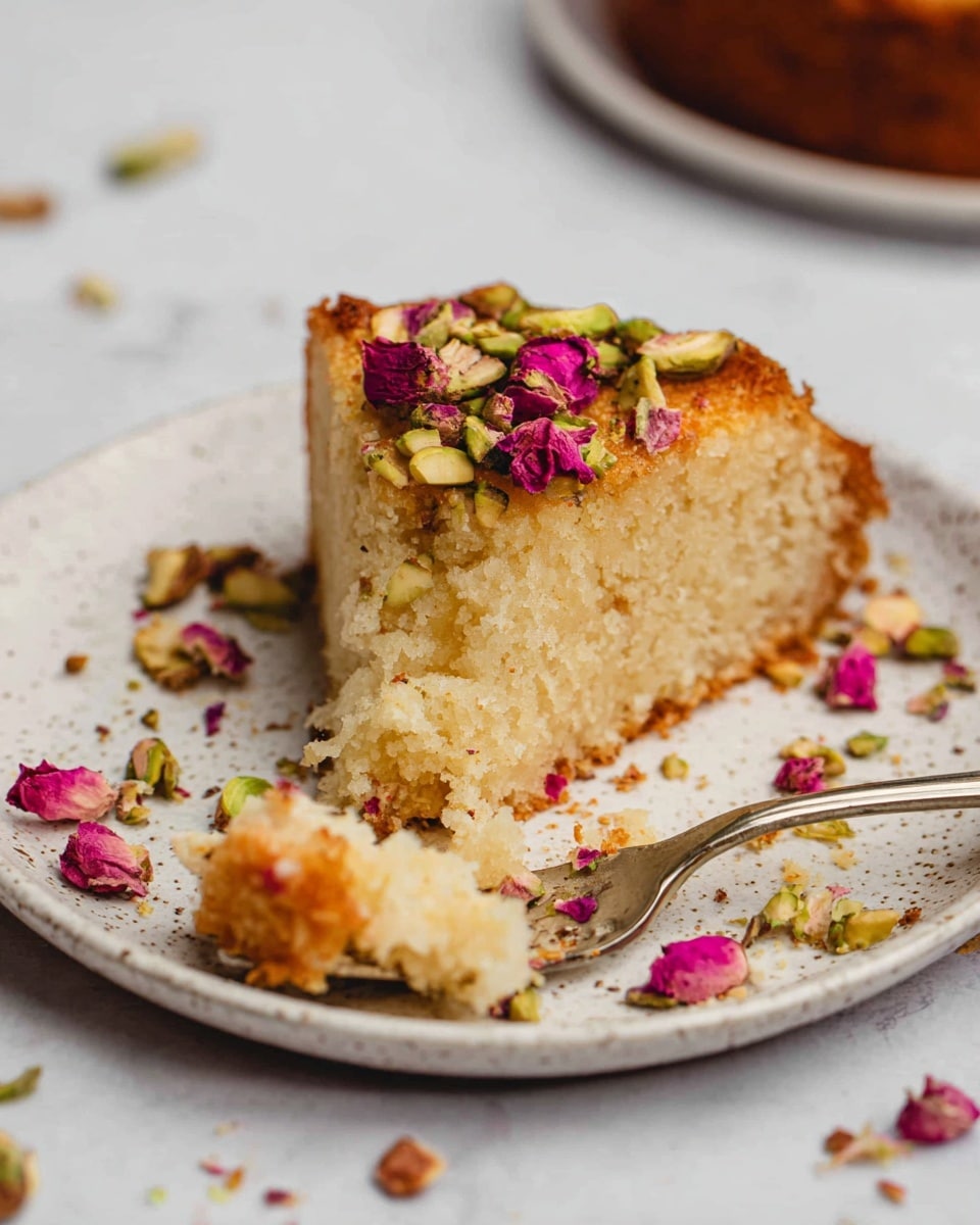 A slice of dense, pale yellow cake with a golden-brown crust sits on a white speckled plate on a white marbled background, topped with chopped green pistachios and scattered pink rose petals that add a pop of color. The cake has a slightly crumbly texture, and a small piece has been cut off and rests nearby on a silver fork held by a woman's hand. Crumbs and bits of pistachio and rose petals are scattered around the plate, enhancing the natural, homemade feel of the dessert. Photo taken with an iphone --ar 4:5 --v 7