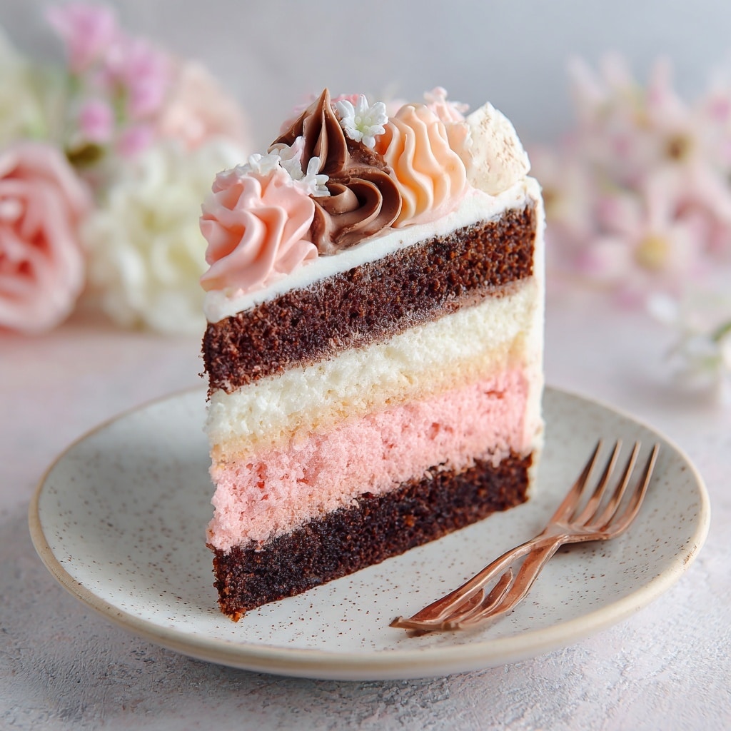 A slice of four-layer cake sits on a white speckled plate with a bronze fork beside it; the bottom layer is dark brown, the next layer is pink, followed by a white layer, and the top layer is light pink, all with a soft, fluffy texture. The cake is covered with white frosting and decorated on top with swirls of chocolate, pink, and white frosting, along with a small white decoration in the middle. The scene has a soft, blurred background with light colors and flowers. The plate rests on a white marbled textured surface. photo taken with an iphone --ar 4:5 --v 7