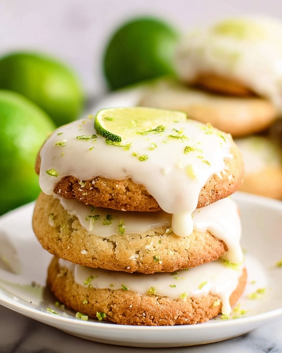 A white plate stacked with six round, golden-brown cookies topped with a creamy white glaze that drips down the sides, speckled with green lime zest. The top cookie is broken in half, showing a soft, crumbly light beige inside with small green flecks. Around the plate are whole and halved fresh limes with bright green skin, and a few dark green leaves, all on a white marbled surface. Photo taken with an iphone --ar 4:5 --v 7