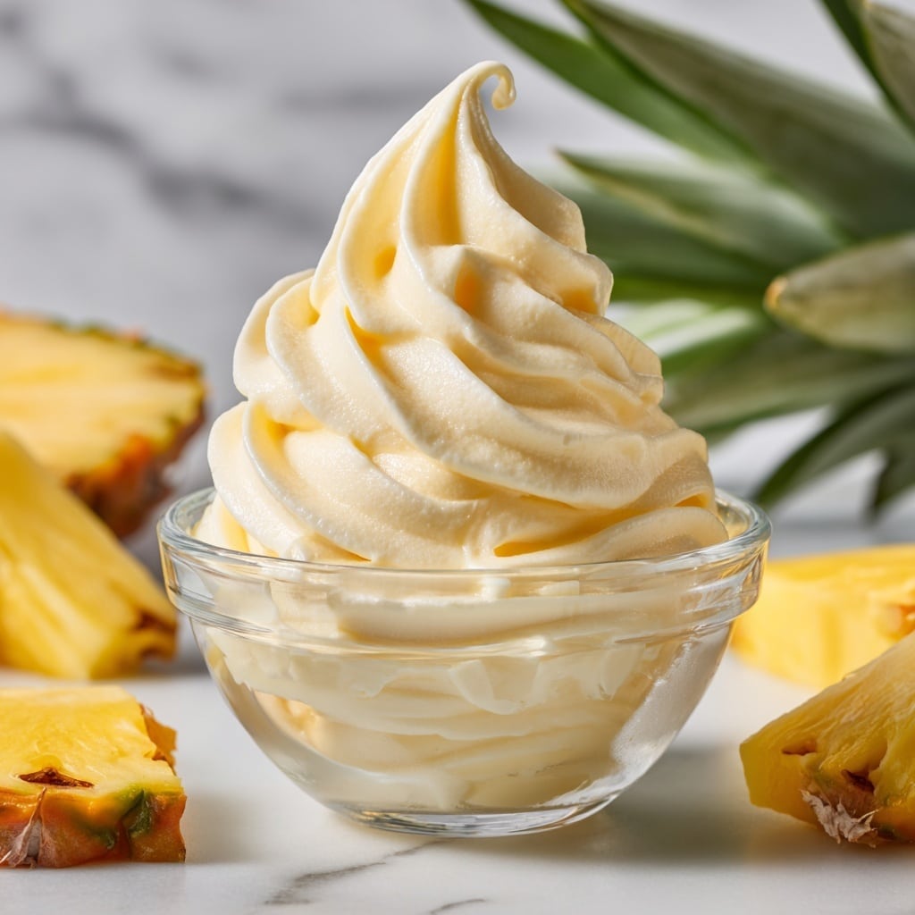 The image shows a small clear glass jar filled to the top with smooth, creamy light yellow whipped dessert that has a soft, swirled peak extending above the rim. A silver spoon is partially dipped into the jar on the right side, showing the soft texture. Behind it, there is another jar of the same dessert, slightly out of focus. In the background on the left, there is a small clear bowl filled with cubed yellow fruit. All items sit on a white marbled surface with a gray cloth that has a white stripe pattern beneath the jars. Photo taken with an iphone --ar 4:5 --v 7