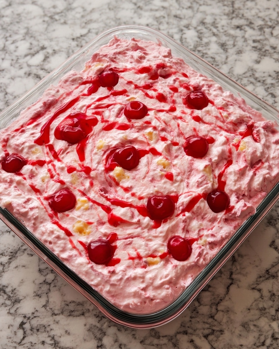 The image shows a clear glass square dish filled with a creamy, pink mixture as one thick layer. The texture looks fluffy and slightly chunky, with visible pieces of light yellow fruit and whole bright red cherries scattered throughout the top and mixed inside. Some red cherry syrup swirls gently on the top surface, adding a glossy shine. The dish is placed on a white marbled textured surface. photo taken with an iphone --ar 4:5 --v 7