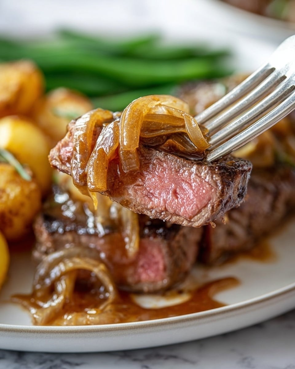 A close-up of a thick slice of medium-rare steak held by a fork, showing a pink center and brown seared edges, topped with glossy caramelized onions and brown gravy dripping down; the steak is on a white plate with more sliced steak underneath, surrounded by golden roasted potatoes and green beans in the background, all set against a white marbled texture. photo taken with an iphone --ar 4:5 --v 7