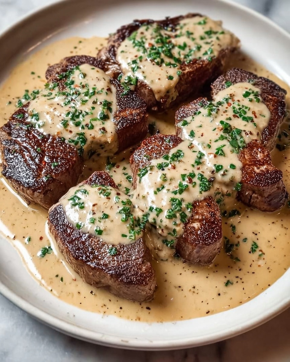 A white plate holds four pieces of cooked steak arranged side by side, each with a dark brown, grilled texture and visible char marks. On top of each steak piece is a thick layer of creamy, light beige sauce flecked with black pepper and sprinkled with bright green chopped herbs. The sauce also pools around the base of the steaks, creating a smooth contrast with the meat. The background is a white marbled surface. photo taken with an iphone --ar 4:5 --v 7