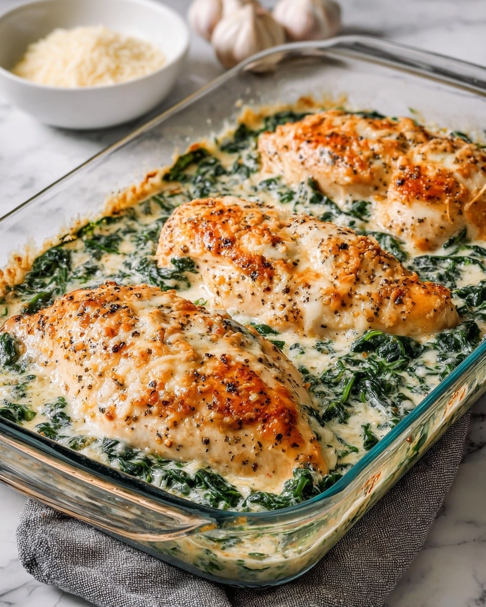 The image shows a glass baking dish with three cooked chicken breasts on top of a creamy spinach layer. The chicken breasts have a golden-brown crust with some black pepper specks and melted cheese, giving a slightly uneven textured surface. The creamy spinach underneath is dark green, mixed with a white sauce that has a smooth and slightly chunky texture. The dish is placed on a white marbled surface with a folded gray cloth partially visible under the dish's right side. In the background, there is a white bowl with grated cheese and two garlic bulbs. Photo taken with an iphone --ar 4:5 --v 7