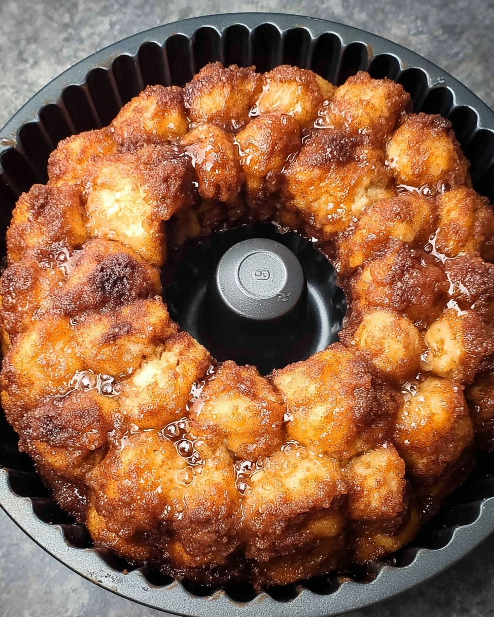 A round, baked monkey bread sits inside a fluted black bundt pan, showing a ring of pull-apart pieces covered with a bubbly, shiny glaze. Each of the many pieces is golden brown with a thick layer of cinnamon sugar, giving a grainy texture, and their shapes are irregular but closely packed around the center hole of the pan. The bread looks soft inside but crisp and caramelized on the outside, with some darker, almost burnt spots adding contrast. Photo taken with an iphone --ar 4:5 --v 7
