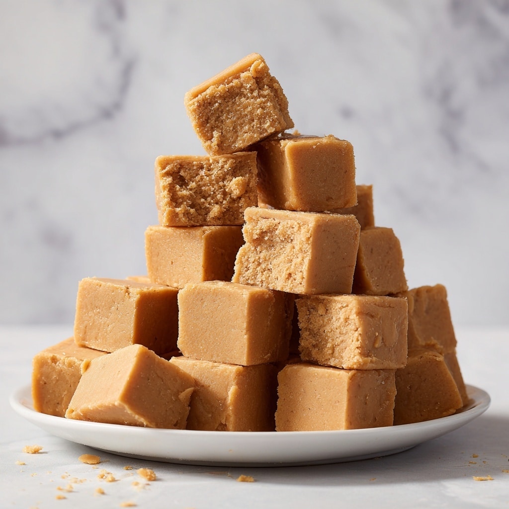 The image shows two plates of small, soft fudge cubes made from cream cheese and peanut butter, each with a smooth texture and a warm golden brown color. The top plate has about eight fudge pieces arranged loosely, with one piece standing vertical to show off its fine crumbly inside. The bottom plate features a neat pyramid stack of around 25 fudge cubes, all consistently square with slightly rough edges. Both plates are white, set against a white marbled texture, highlighting the rich, dense candy blocks. photo taken with an iphone --ar 4:5 --v 7