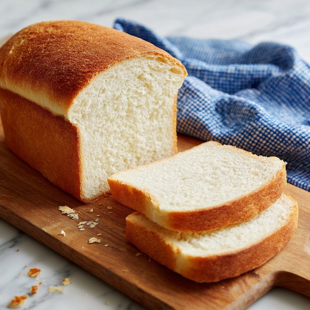 A rectangular loaf of light golden bread with a soft, slightly wrinkled top crust is placed on a wooden board. Three slices are cut from the loaf and laid on a black surface scattered with small white crumbs. The bread's inside is pale and airy, showing many small holes. A light blue and white checkered cloth is casually draped beside the loaf on a white marbled surface. photo taken with an iphone --ar 4:5 --v 7